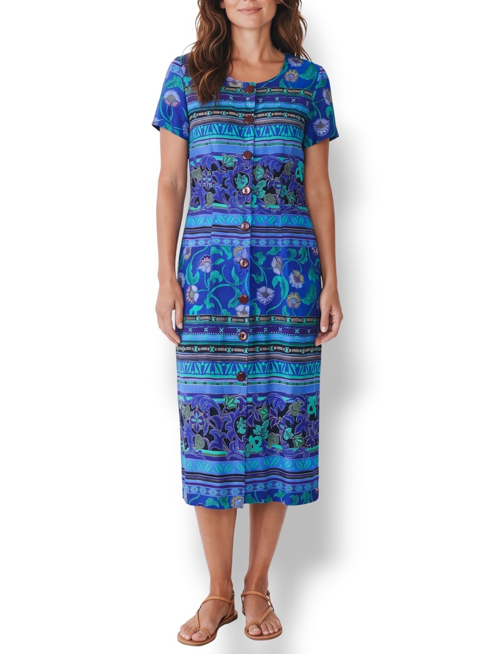 4/$20 K.C. Spencer Vintage Blue Green Floral Button Front Rayon Maxi Dress 10